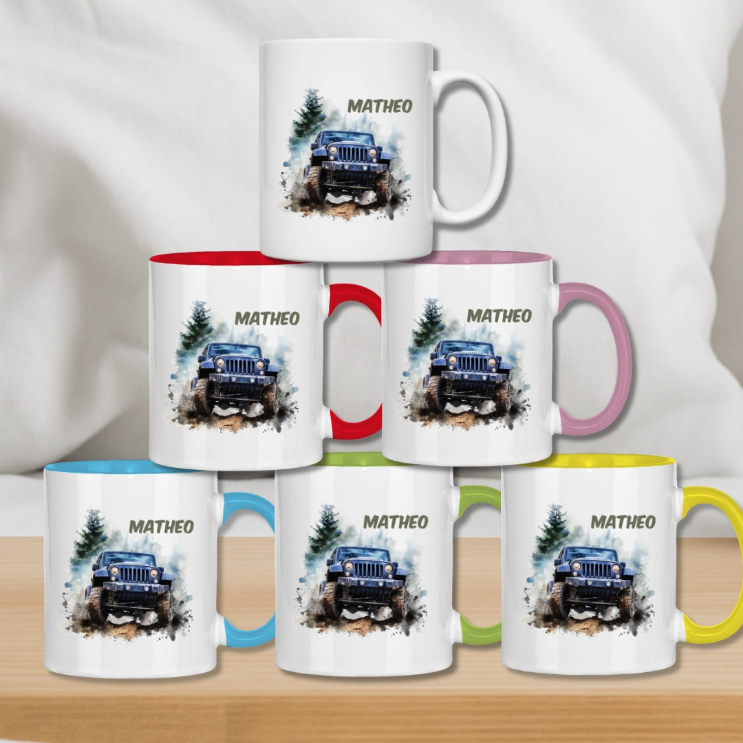 Kindertasse personalisiert – Keramiktasse mit Auto oder Rennwagen und Namen