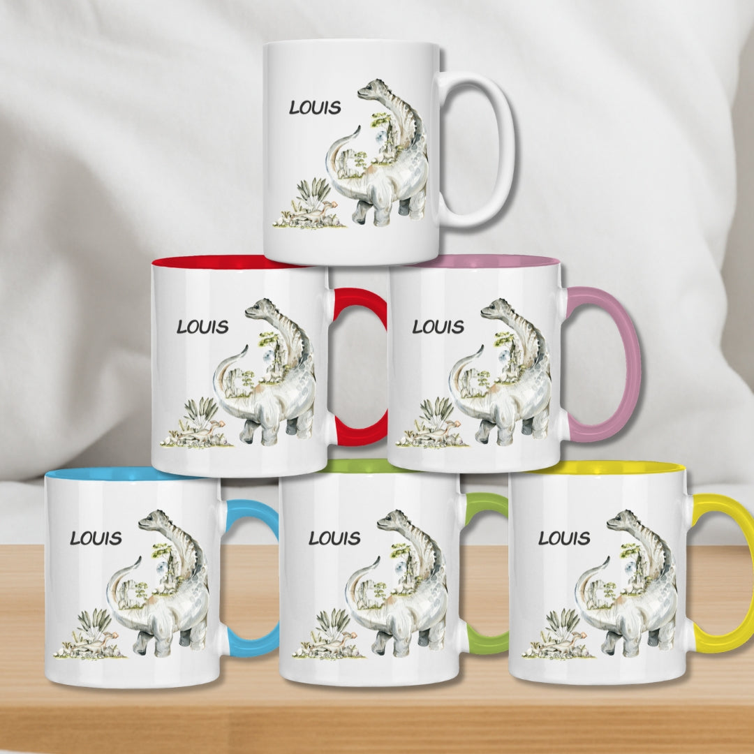 Kindertasse personalisiert – Keramiktasse mit Dinosaurier und Namen für Kinder