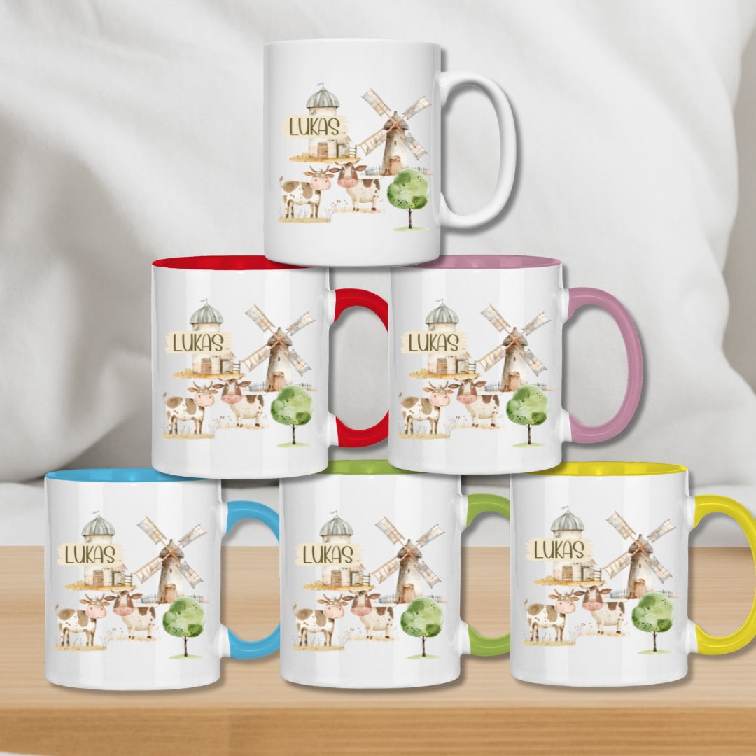 Kindertasse personalisiert – Keramiktasse mit Traktor und Namen für Kinder