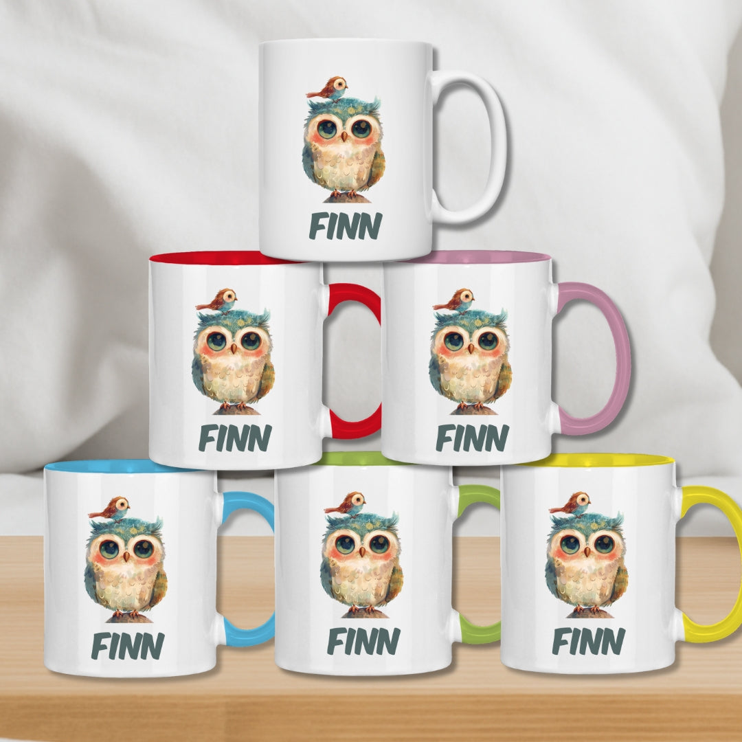 Kindertasse personalisiert – Keramiktasse mit bunten Tieren und Namen