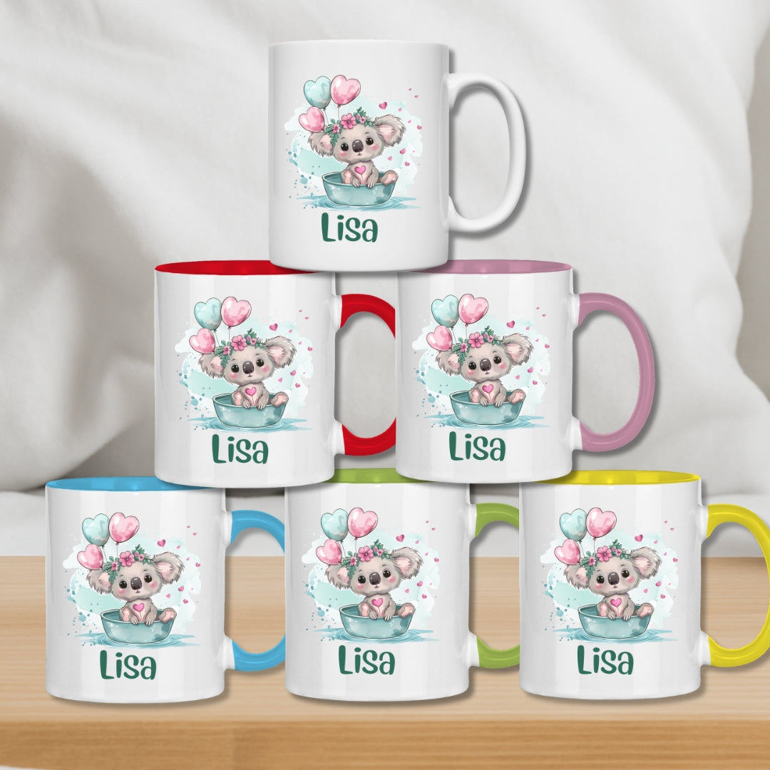 Kindertasse personalisiert – Keramiktasse mit grünen Tieren und Namen