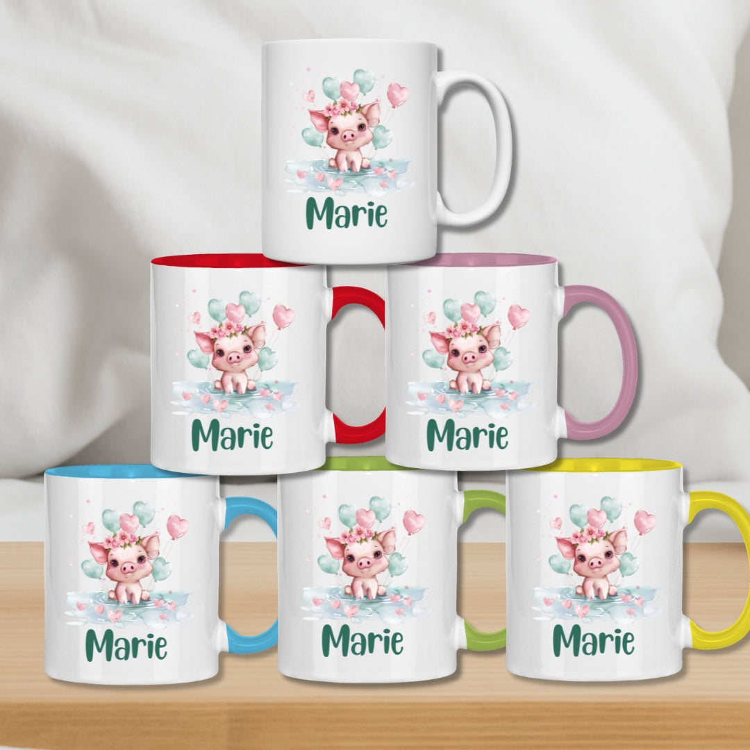 Kindertasse personalisiert – Keramiktasse mit grünen Tieren und Namen