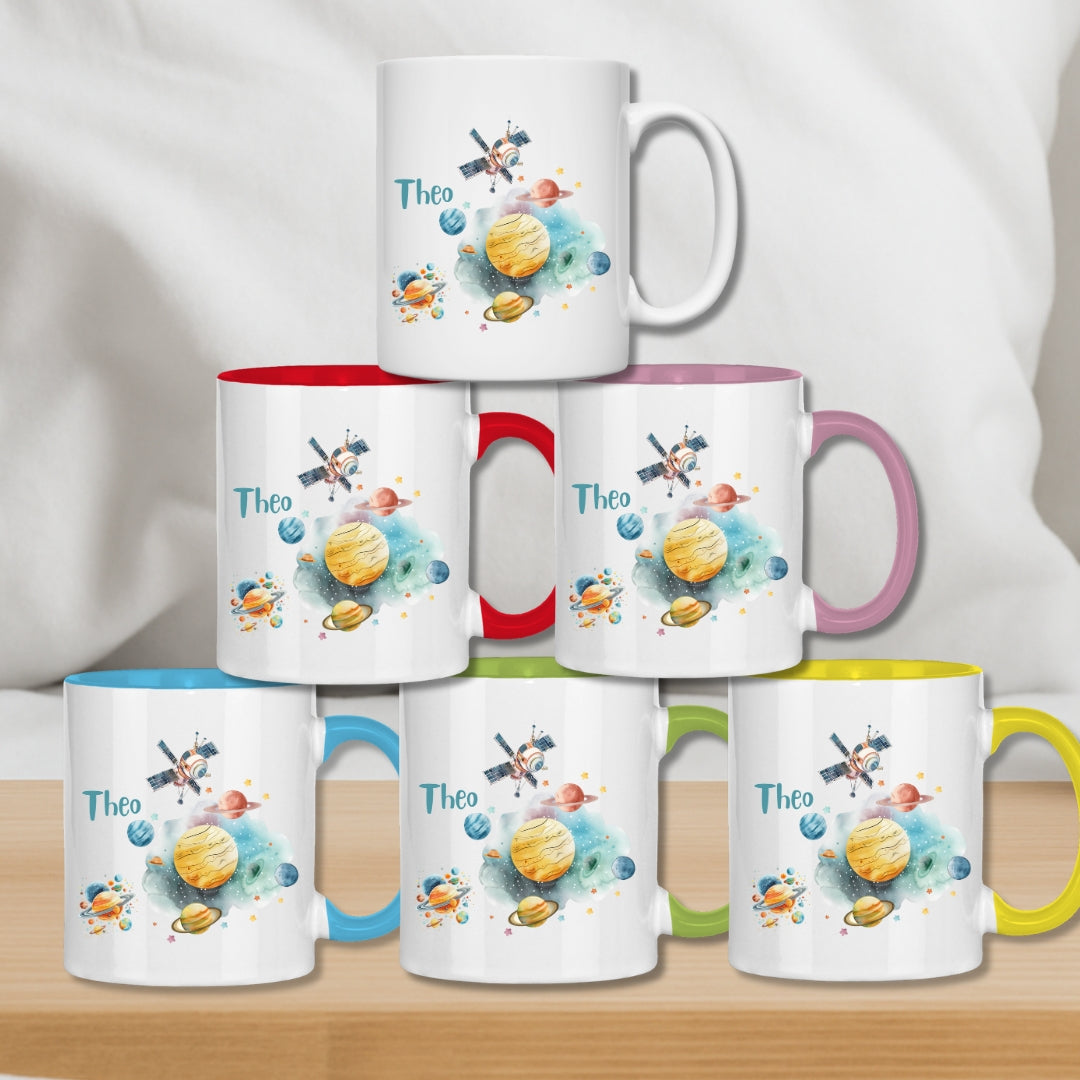 Kindertasse personalisiert – Keramiktasse mit Weltall, Rakete und Namen