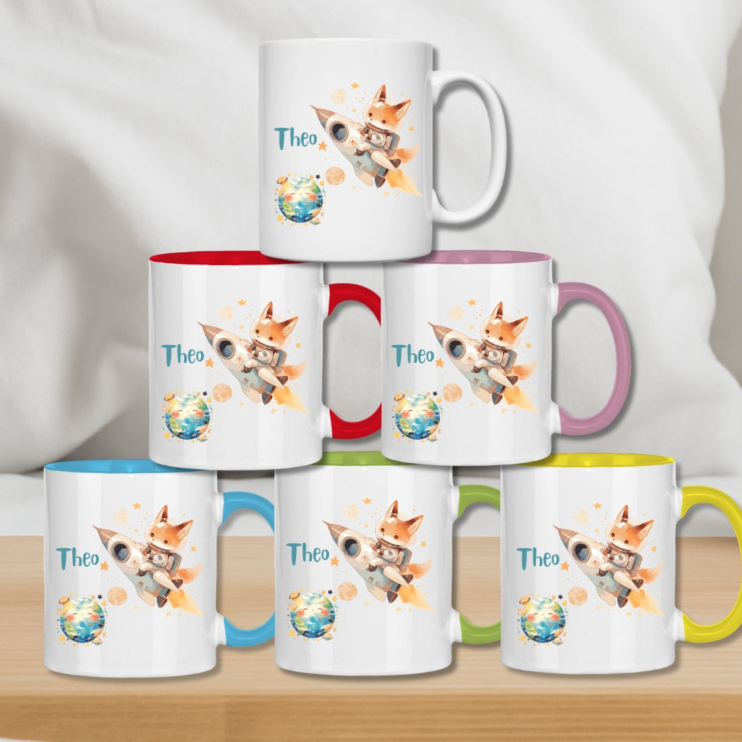 Kindertasse personalisiert – Keramiktasse mit Weltall, Rakete und Namen