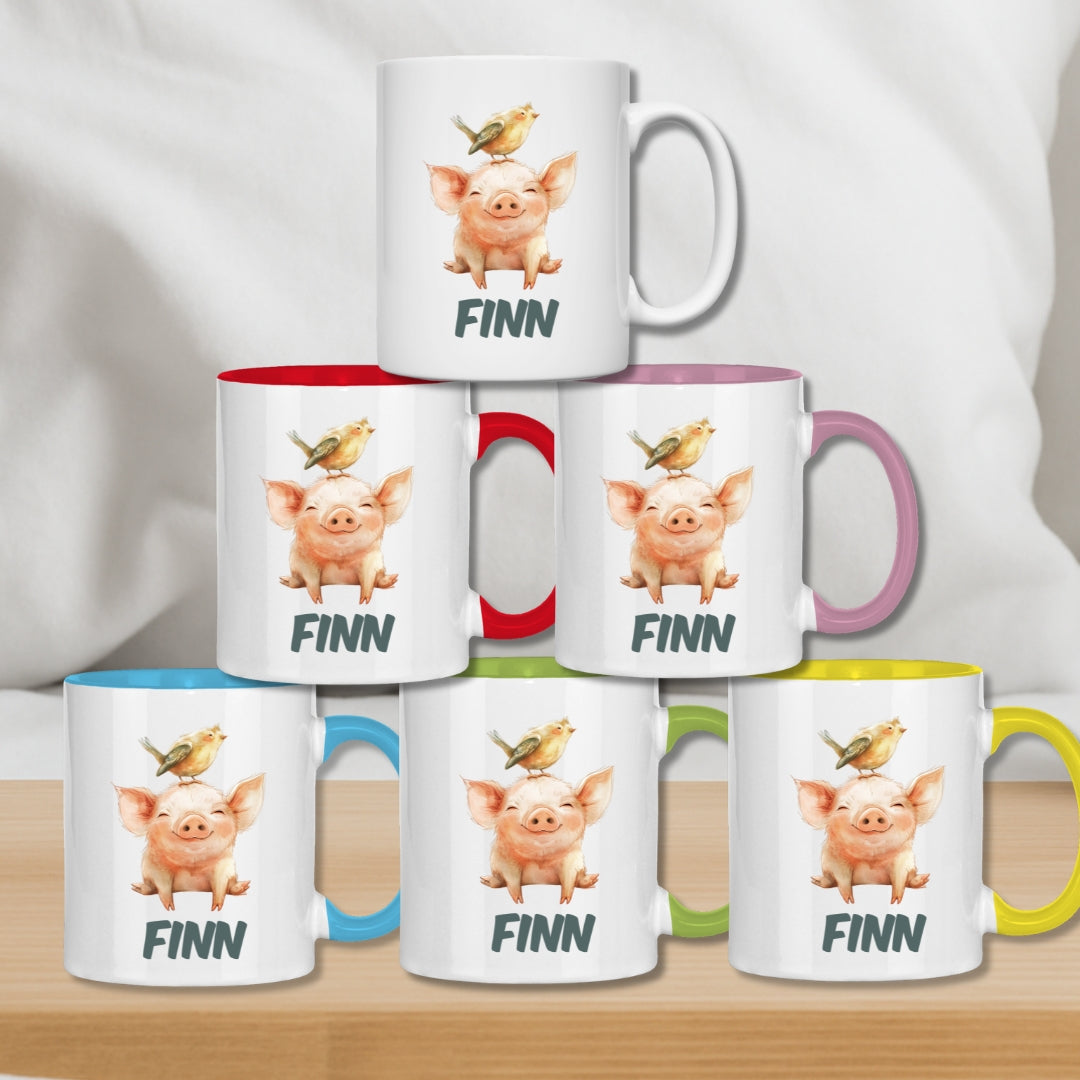 Kindertasse personalisiert – Keramiktasse mit bunten Tieren und Namen