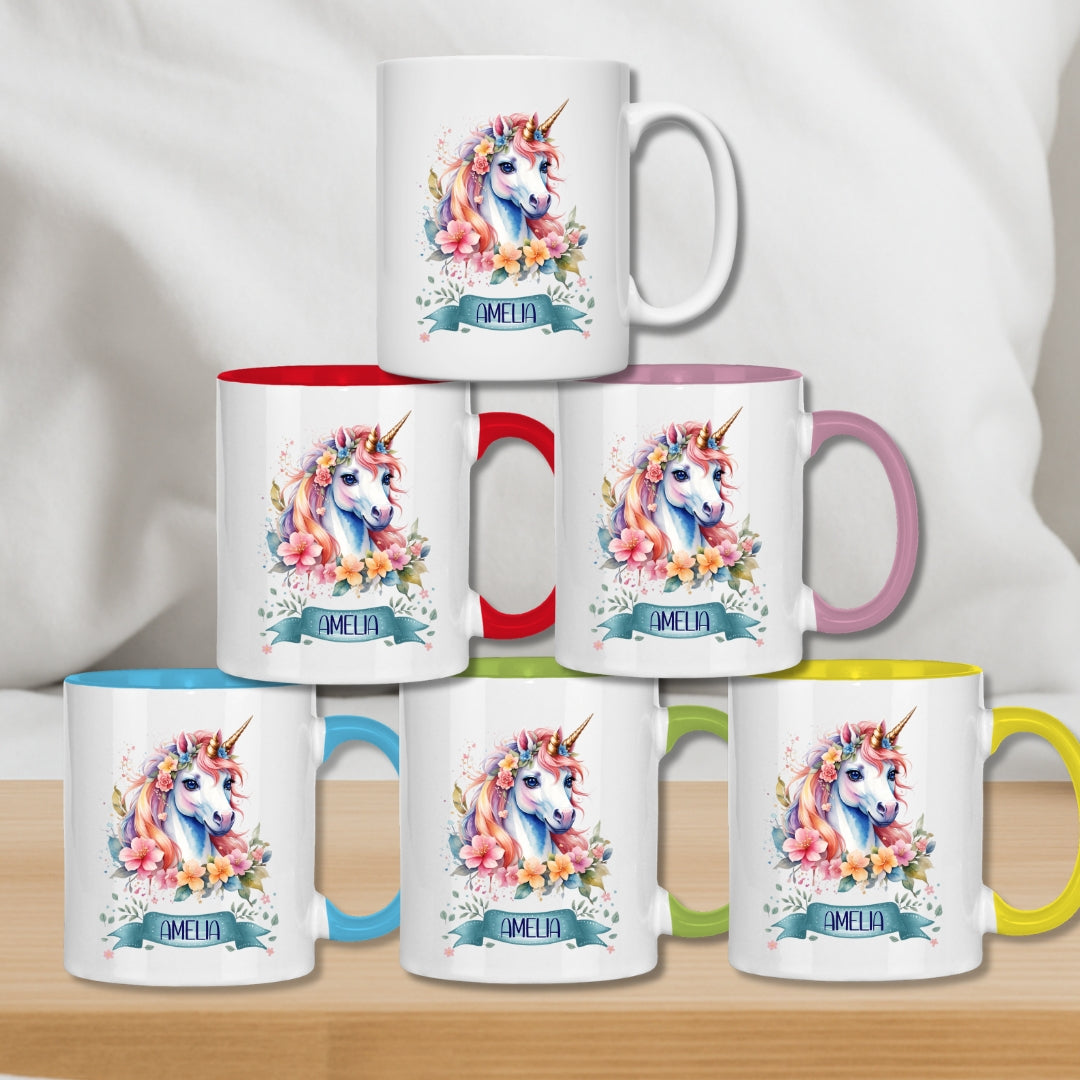 Kindertasse personalisiert – Keramiktasse mit Einhorn und Namen für Mädchen