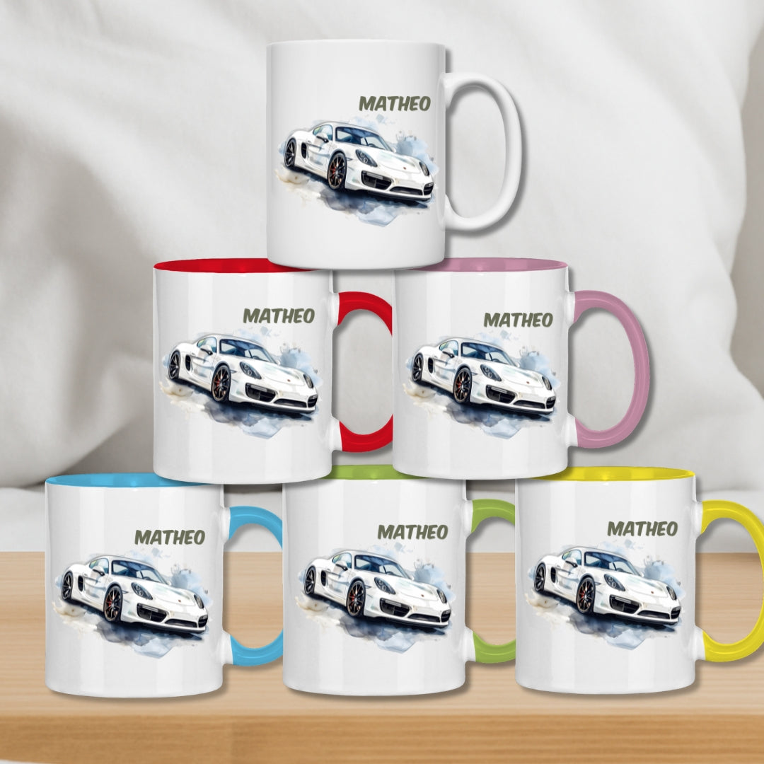 Kindertasse personalisiert – Keramiktasse mit Auto oder Rennwagen und Namen