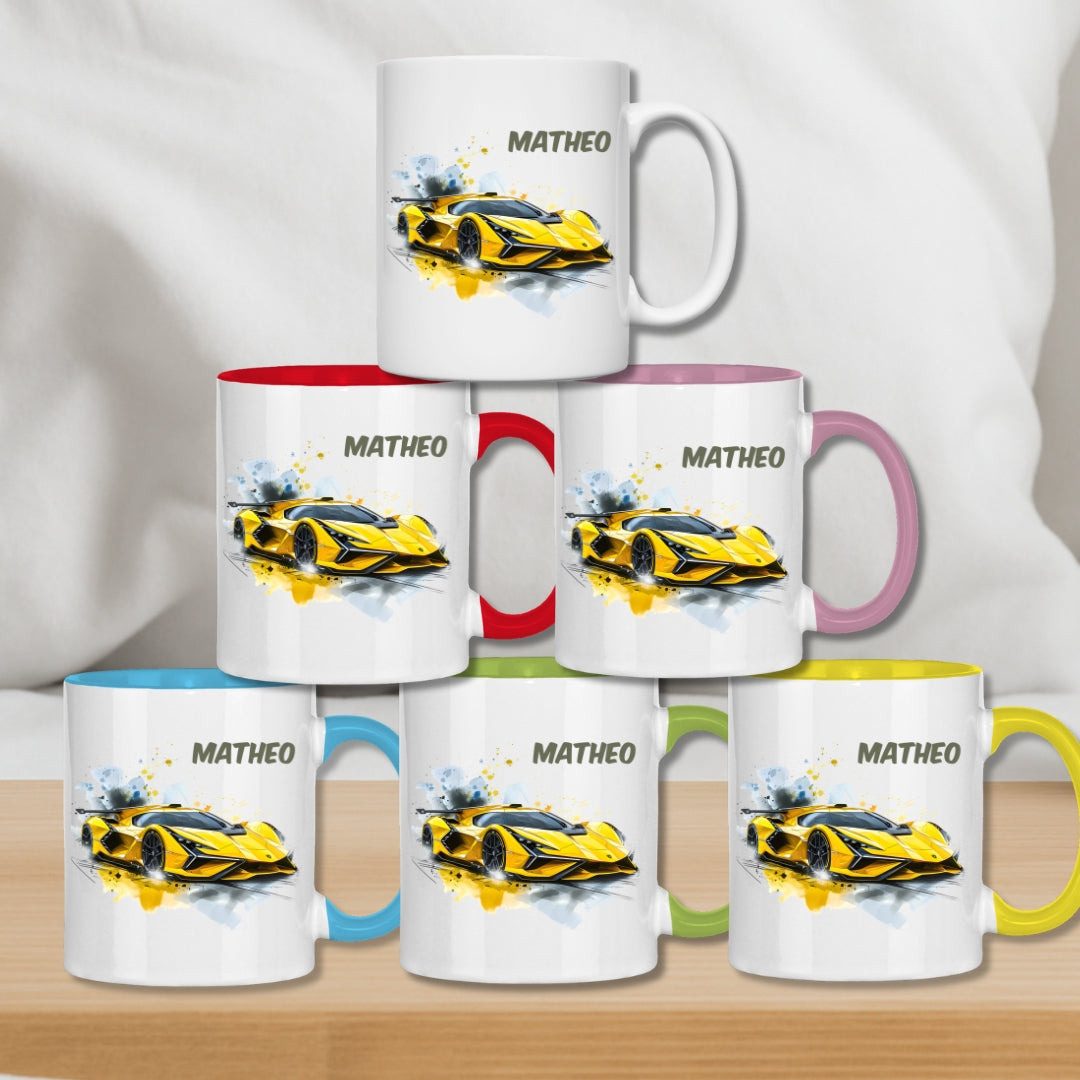 Kindertasse personalisiert – Keramiktasse mit Auto oder Rennwagen und Namen