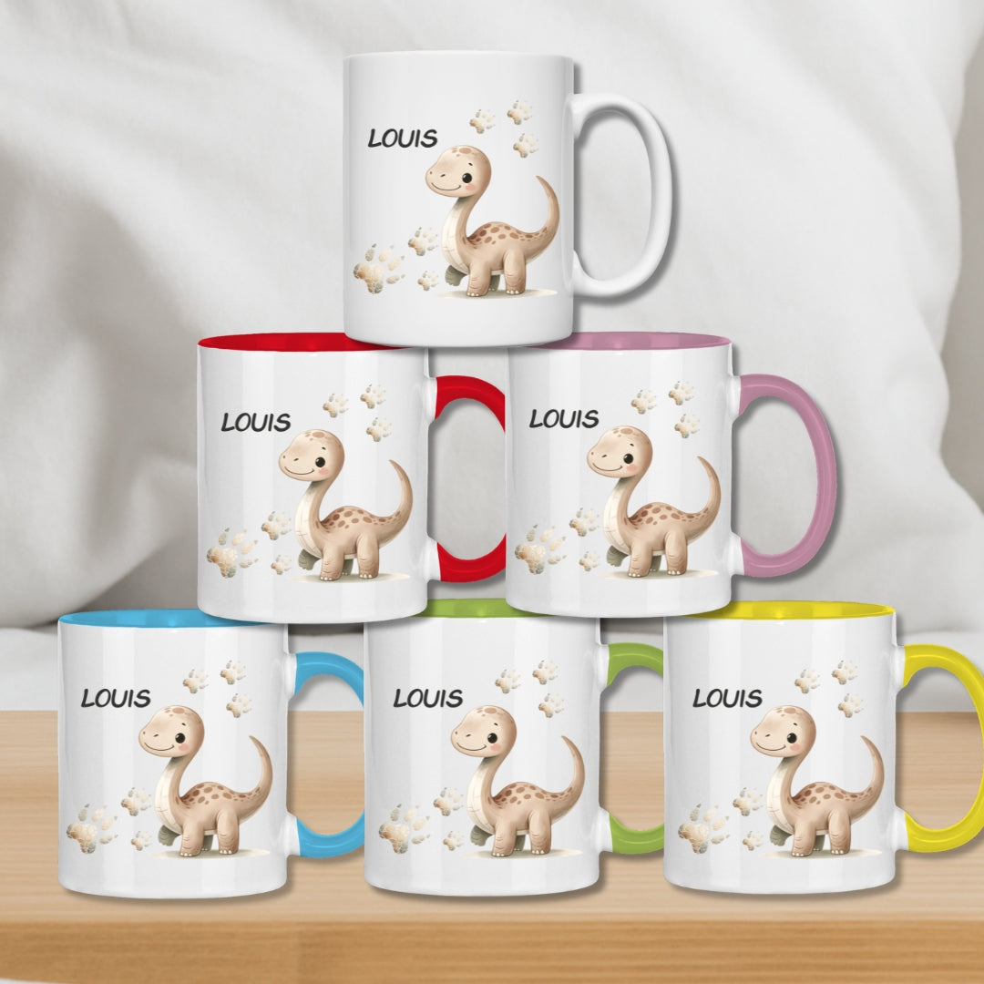Kindertasse personalisiert – Keramiktasse mit Dinosaurier und Namen für Kinder