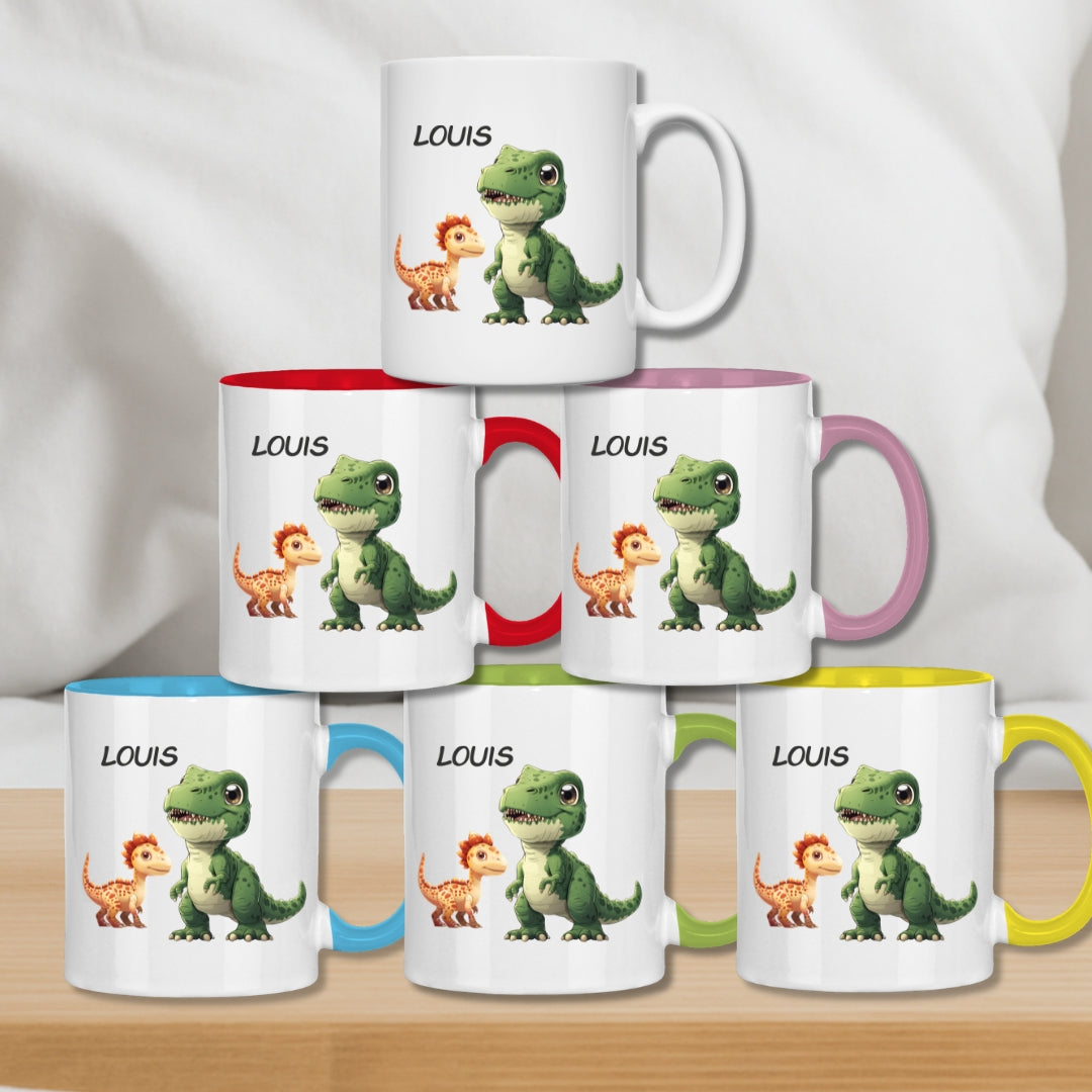 Kindertasse personalisiert – Keramiktasse mit Dinosaurier und Namen für Kinder