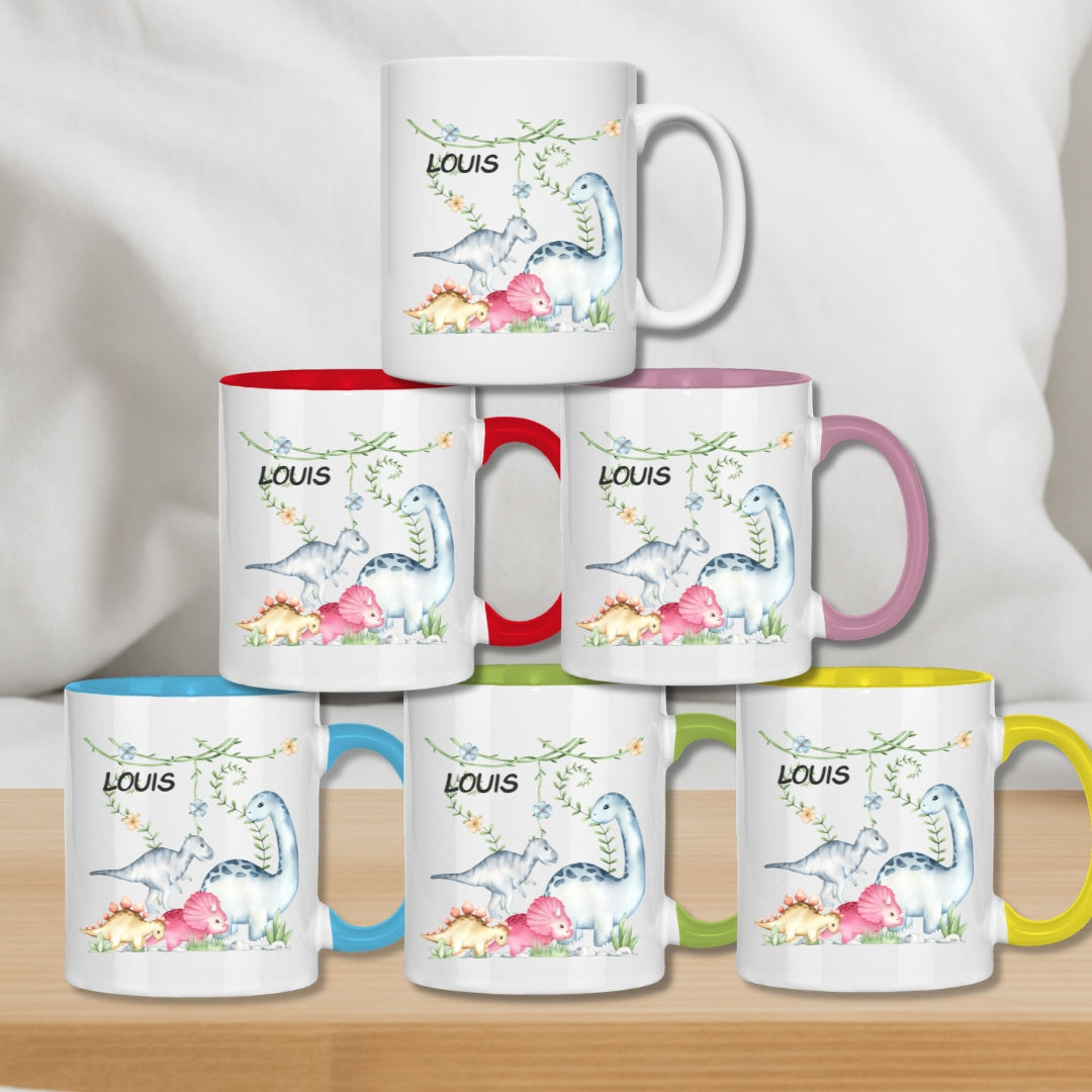 Kindertasse personalisiert – Keramiktasse mit Dinosaurier und Namen für Kinder