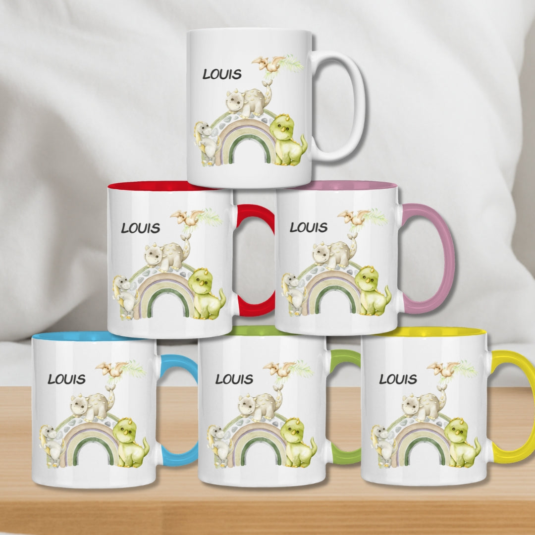 Kindertasse personalisiert – Keramiktasse mit Dinosaurier und Namen für Kinder