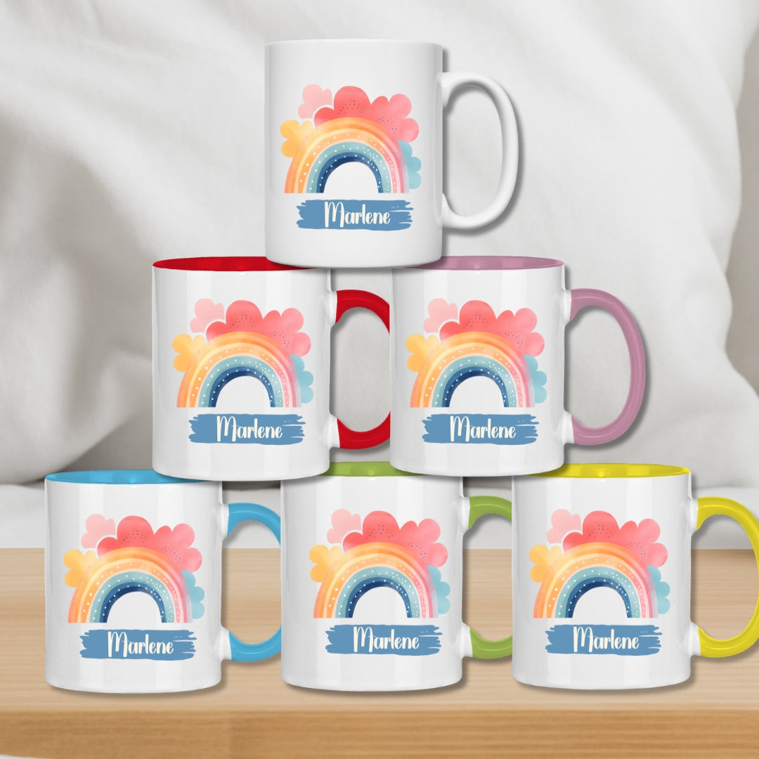Kindertasse personalisiert – Keramiktasse mit Regenbogen und Namen