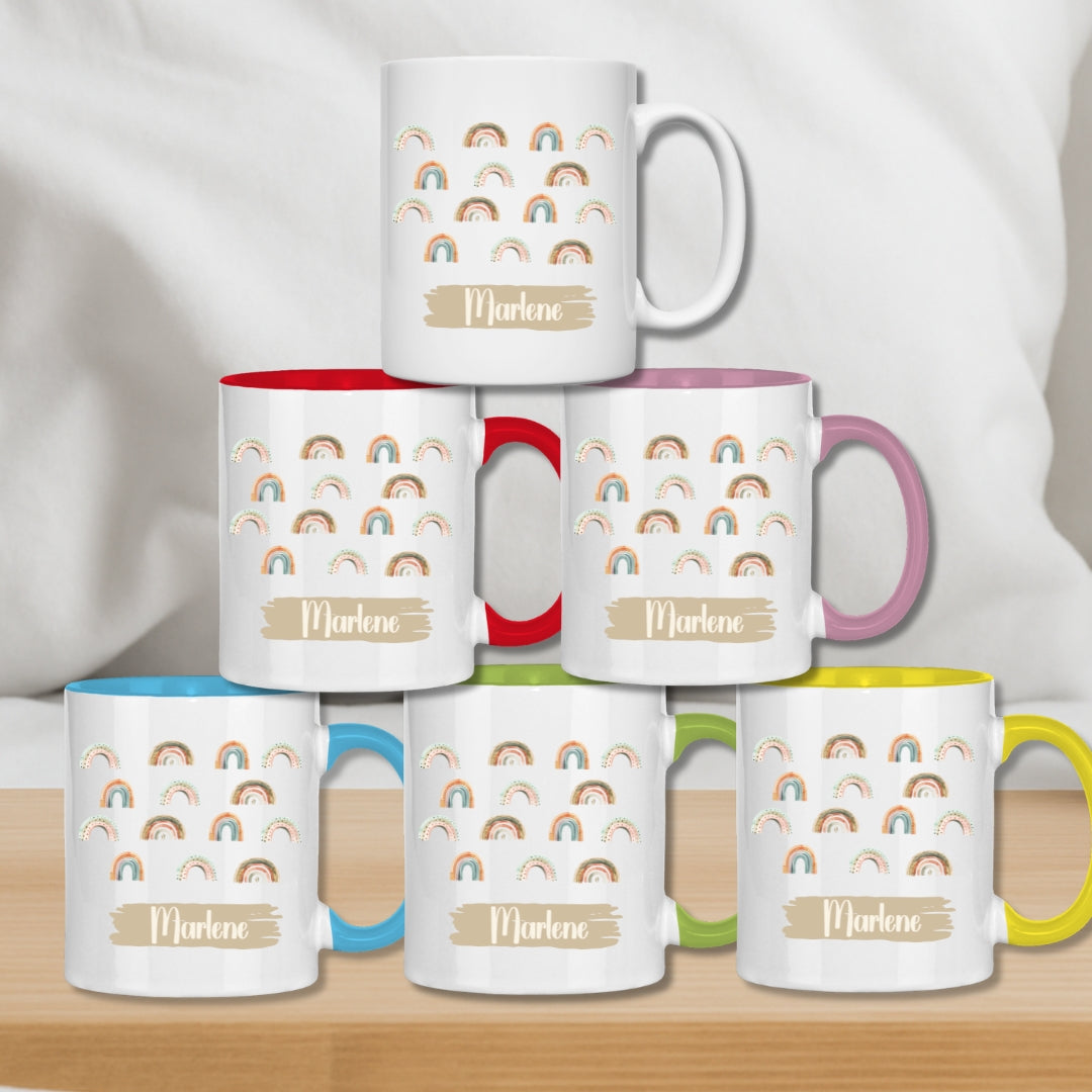 Kindertasse personalisiert – Keramiktasse mit Regenbogen und Namen