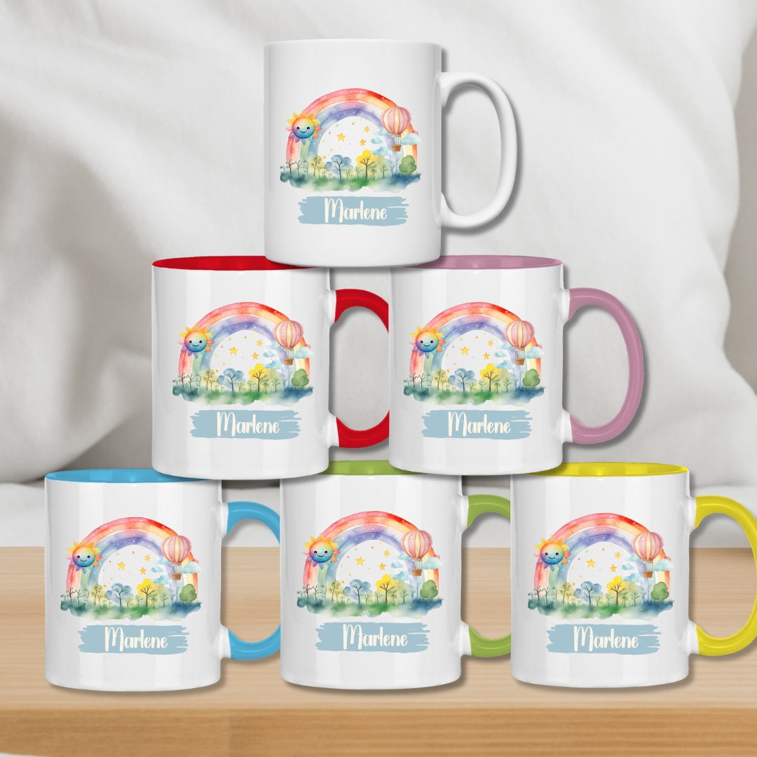 Kindertasse personalisiert – Keramiktasse mit Regenbogen und Namen