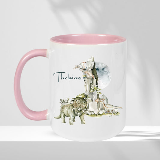 Kinderbecher rosa mit Dinosaurier Motiven und Wunschnamen personalisiert - T-Rex Dino Langhalsdino