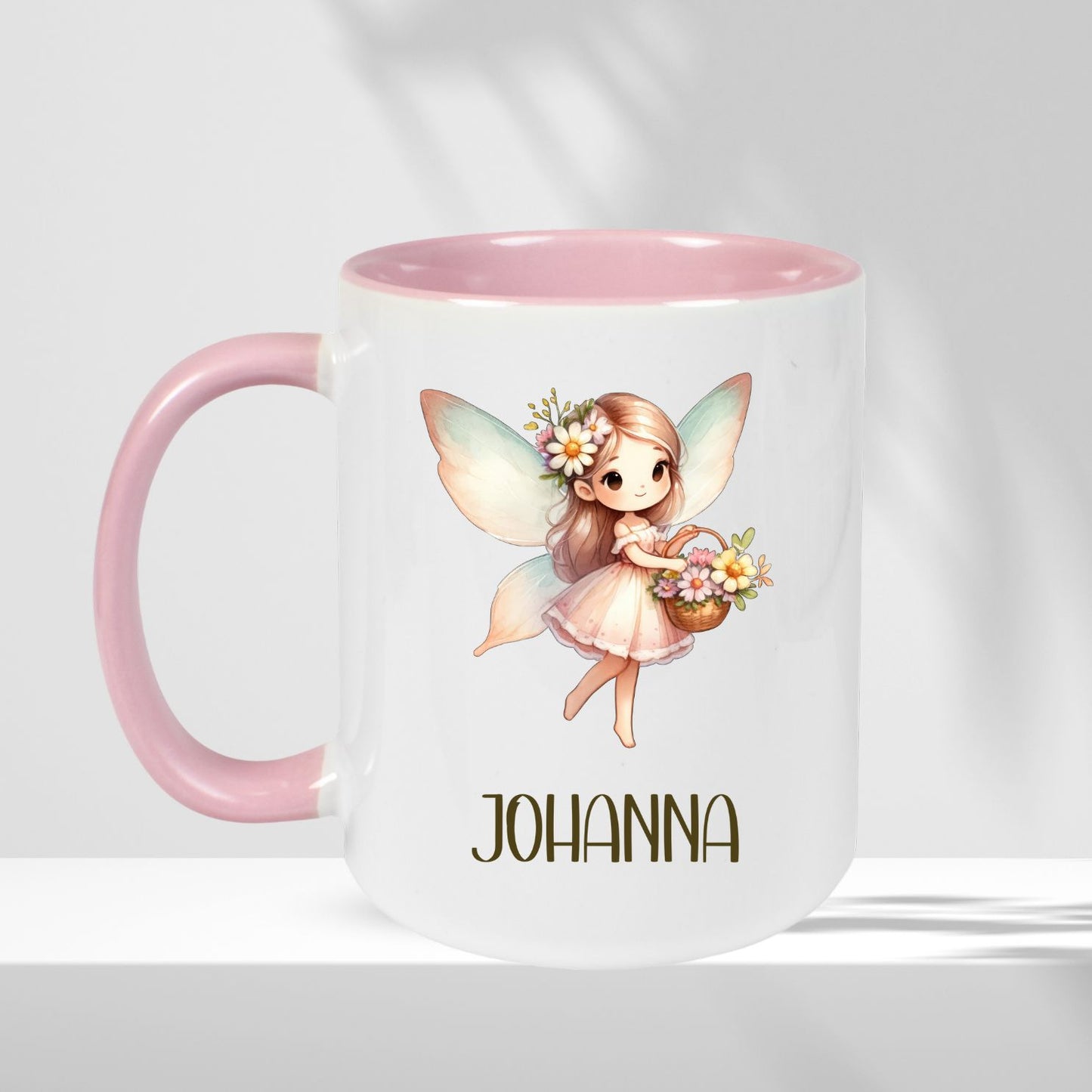 Kindertasse rosa mit mädchenhaften Motiven und Wunschnamen personalisiert - Fee Ballerina Prinzessin