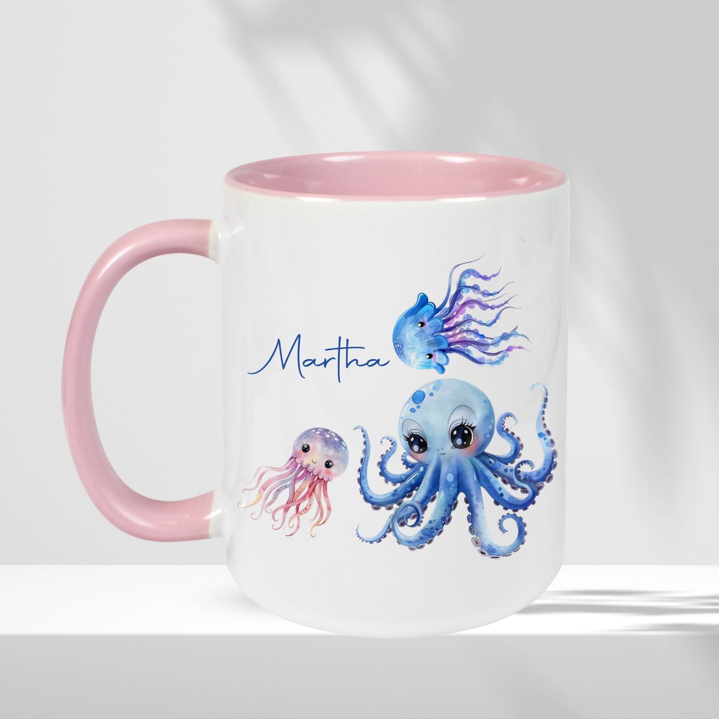 Tasse für Kinder rosa mit maritim Motiven und Wunschnamen - Schildkröte Delfin Oktopus