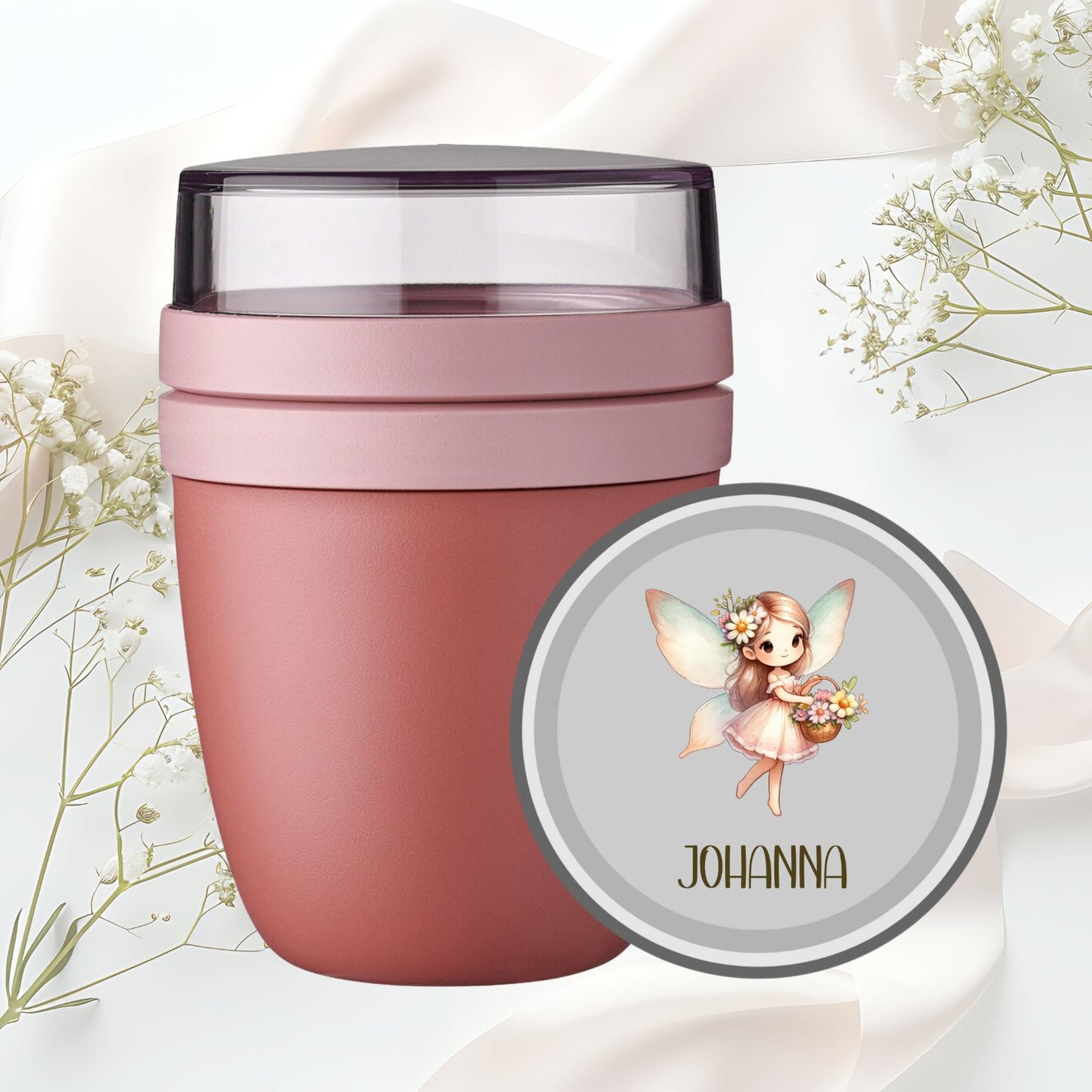 Müslibecher rosa mit mädchenhaften Motiven und Wunschnamen - Fee Ballerina Prinzessin