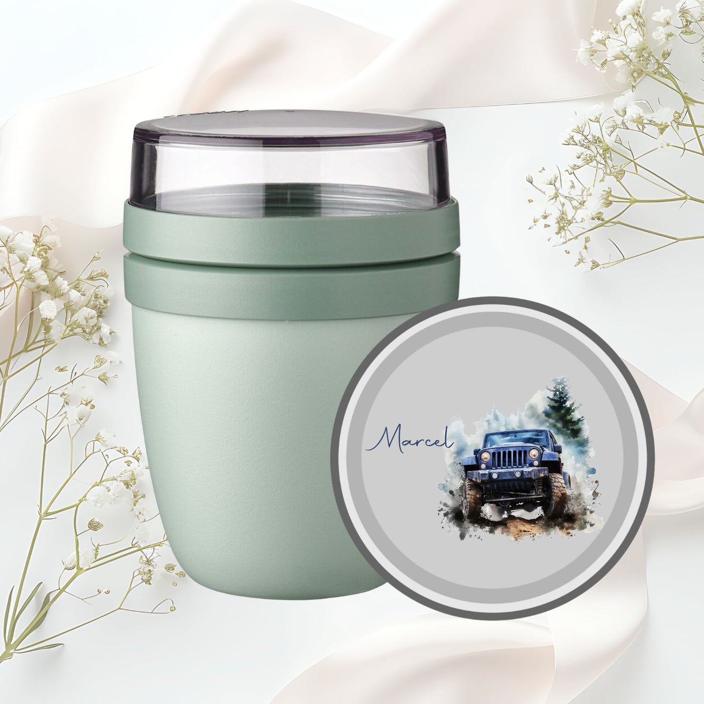 Lunchpot türkis mit Monstertrack Motiven und Namen - Geländewagen großes Auto