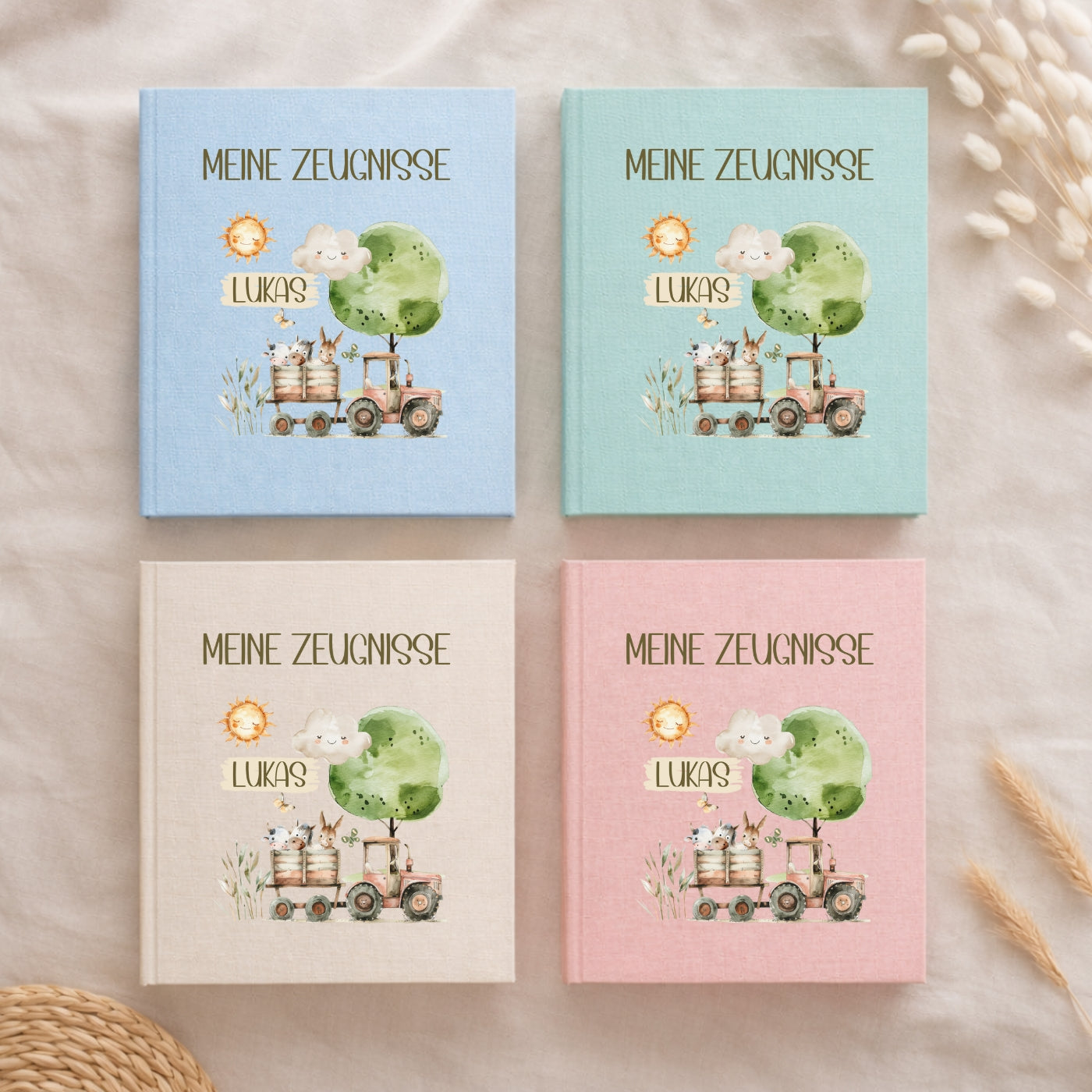 Zeugnismappe Leinen Bauernhof personalisiert A4