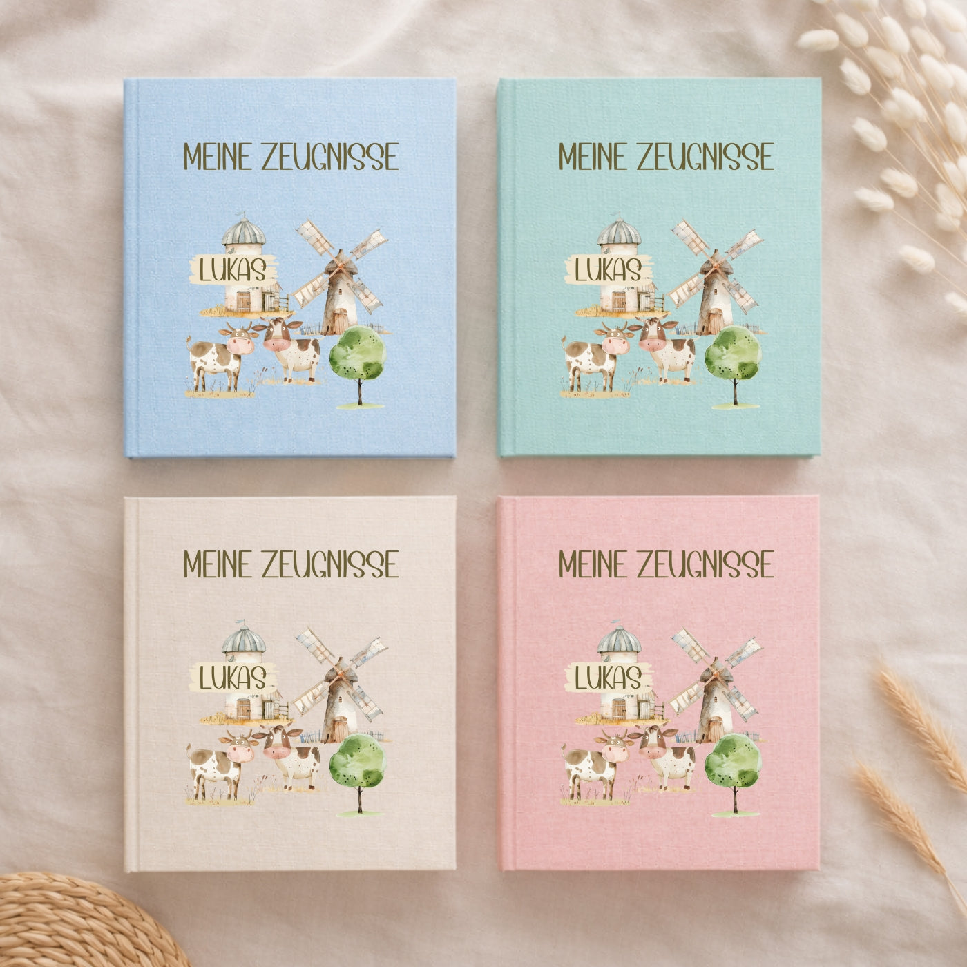 Zeugnismappe Leinen Bauernhof personalisiert A4