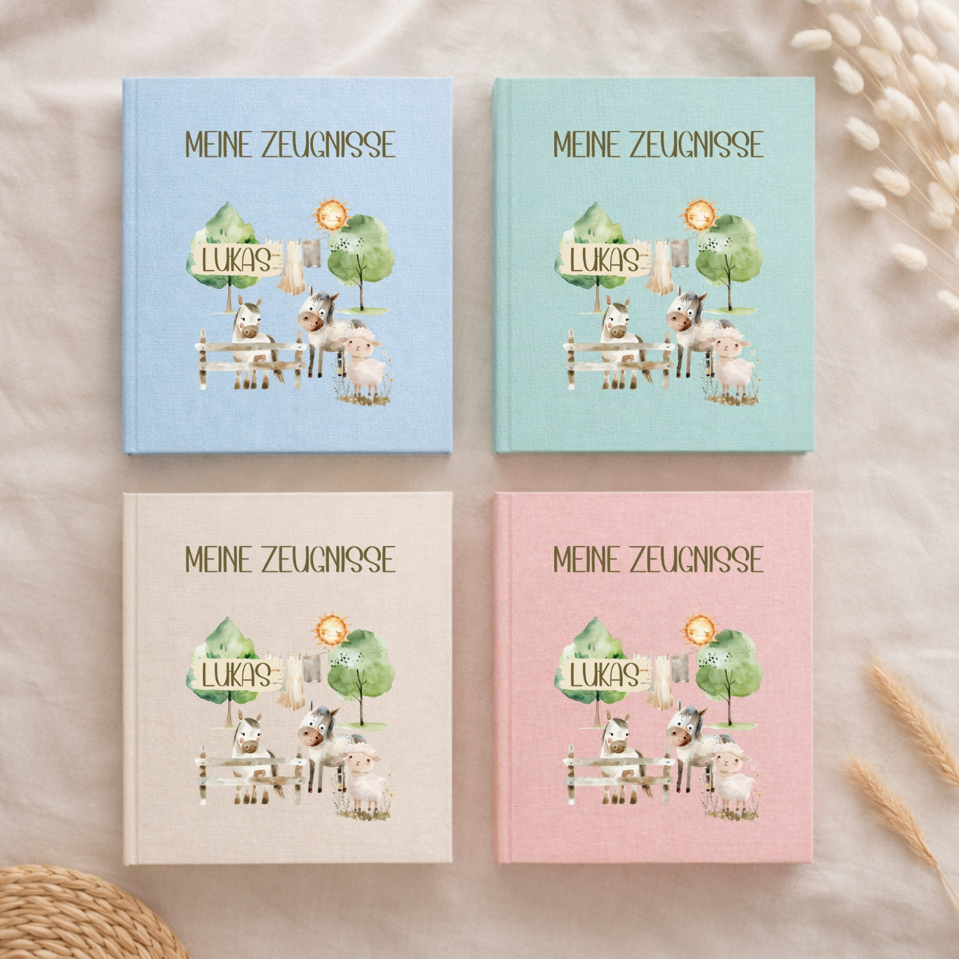 Zeugnismappe Leinen Bauernhof personalisiert A4