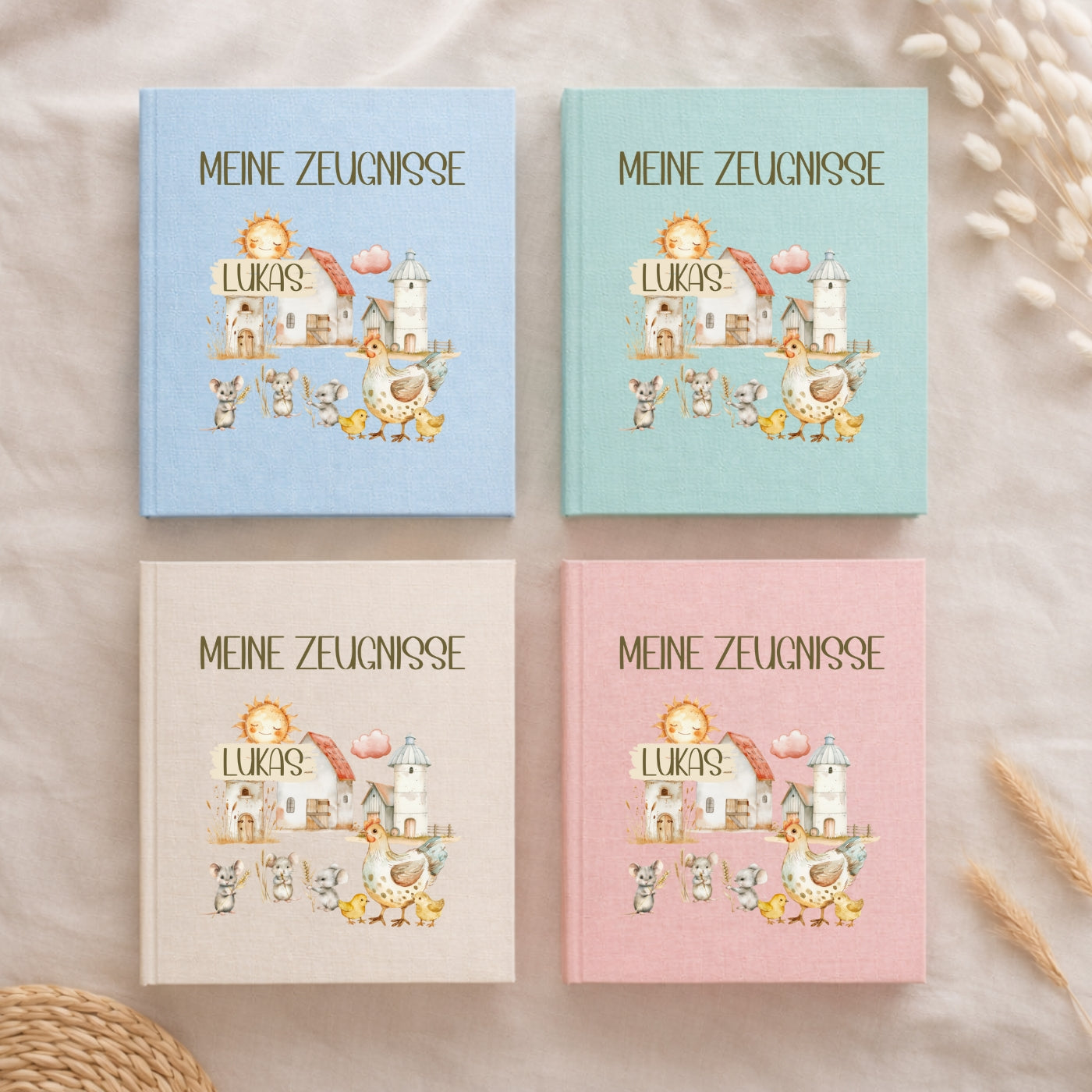 Zeugnismappe Leinen Bauernhof personalisiert A4