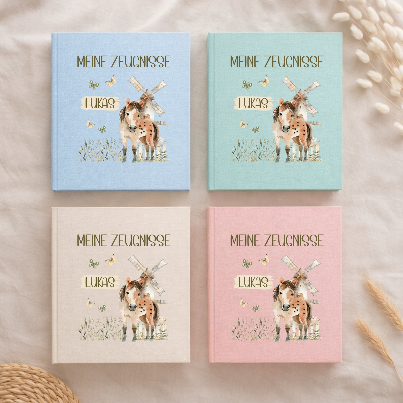 Zeugnismappe Leinen Bauernhof personalisiert A4