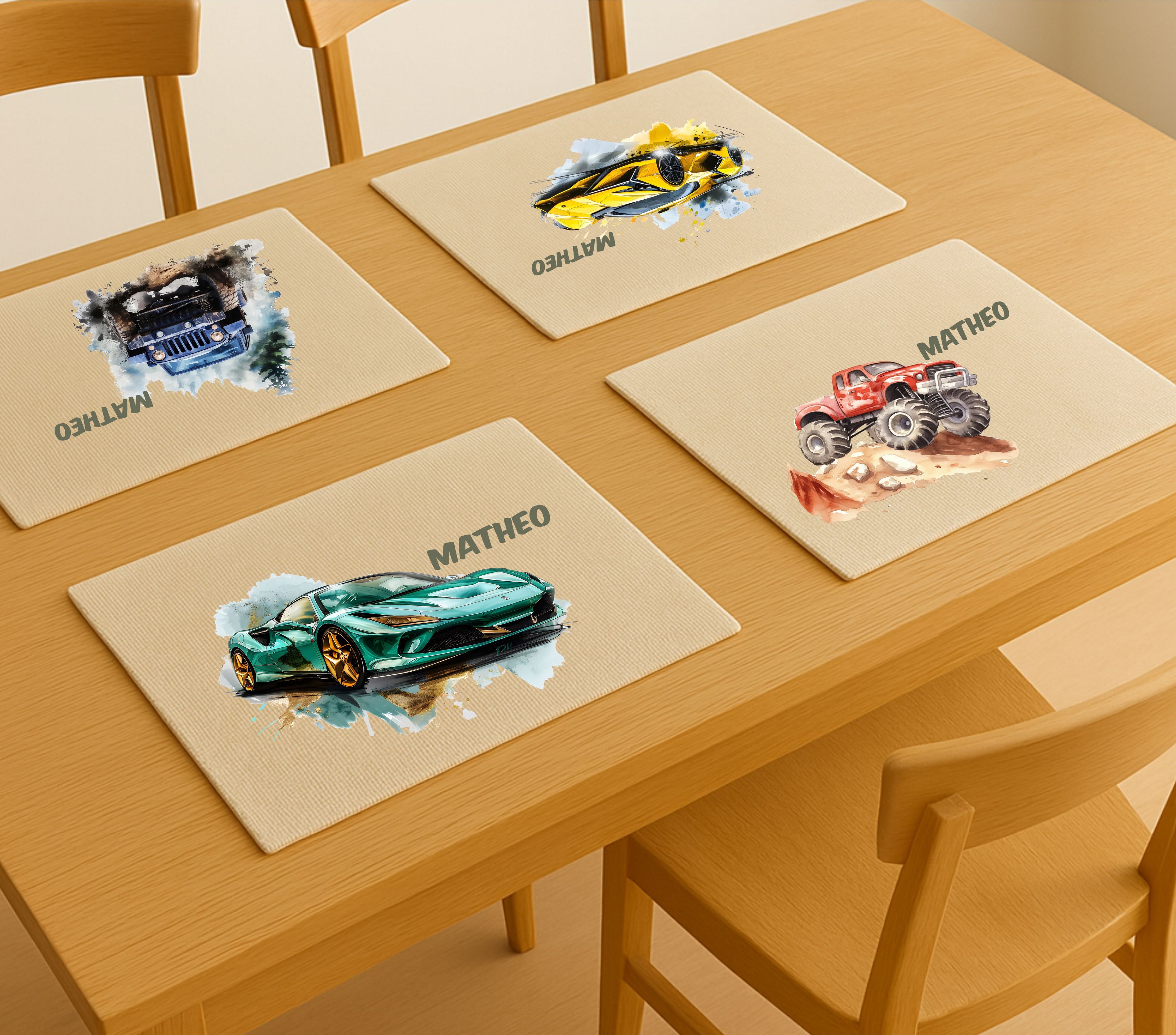 Tischset Auto – personalisiertes Platzdeckchen Kinder abwaschbar & waschbar