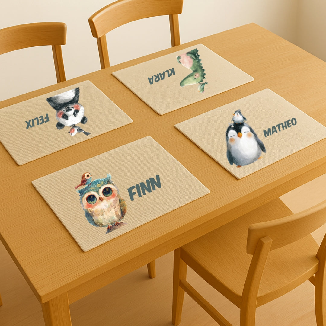 Tischset Kinder abwaschbar – Platzdeckchen mit Namen Tiger, Pinguin & Panda – wolga-kreativ