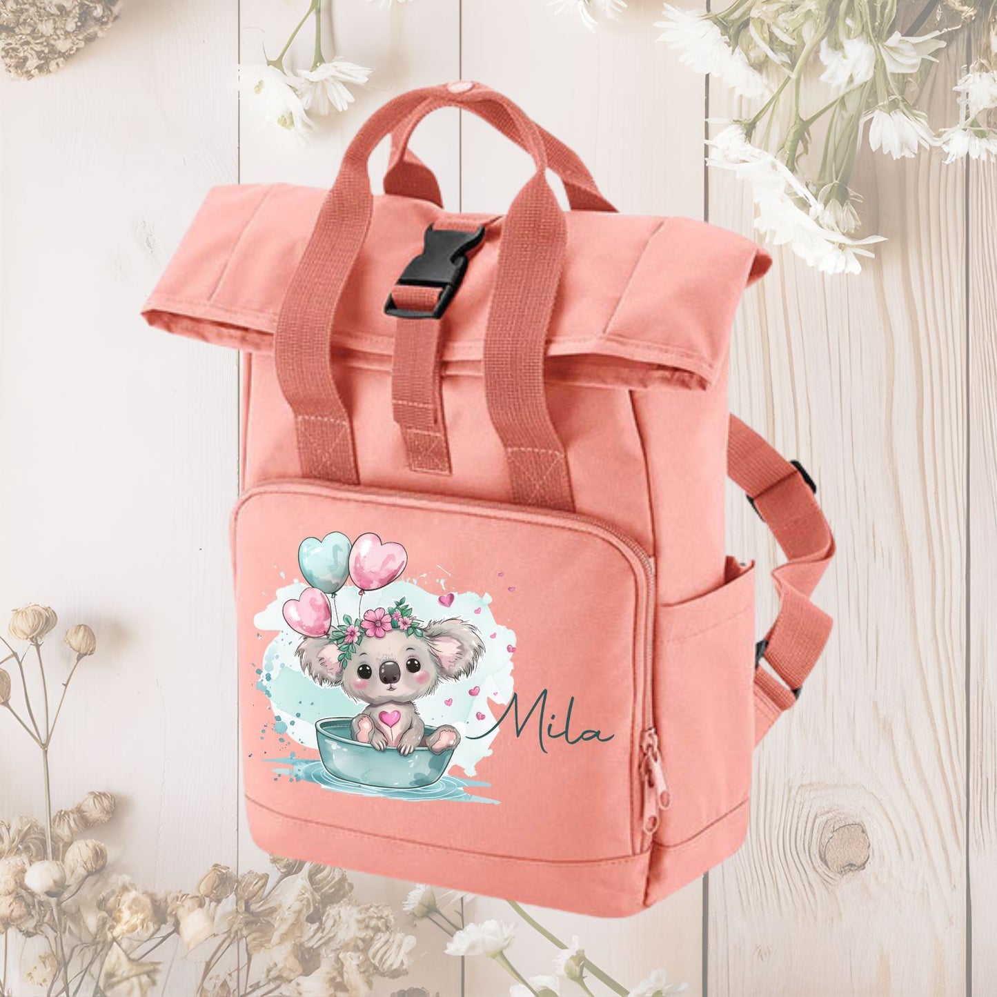 Rucksack für Kinder rosa Roll-Top mit grünen Tierchen Motiven und Wunschnamen - Kuh Koala Panda