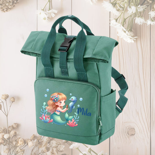 Kleinkind-Rucksack türkis Roll-Top mit mädchenhaften Motiven und Namen personalisiert -Fee Ballerina Prinzessin