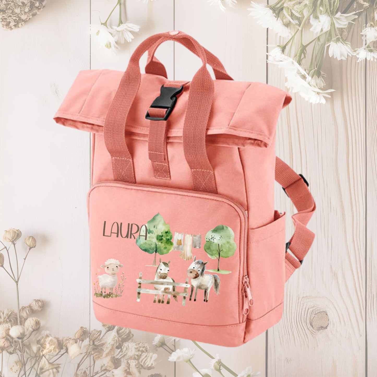 Kinder Rucksack rosa Roll-Top mit Bauernhof Motiven und Wunschnamen - Traktor, Pferd, Kuh, Dorf