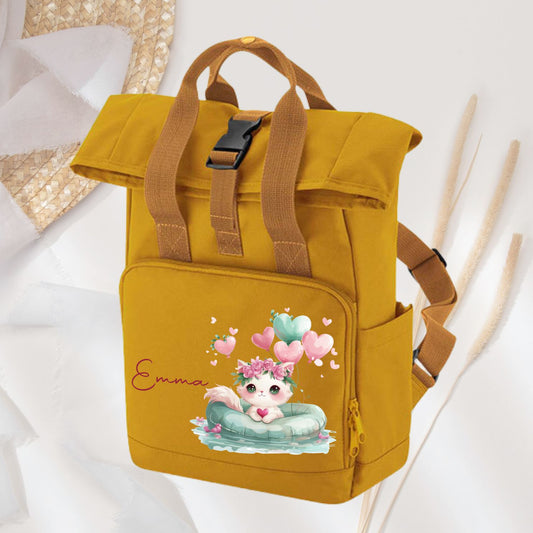 Kinder Rucksack senf Roll-Top mit grünen Tierchen Motiven und Namen personalisiert - Kuh Koala Panda