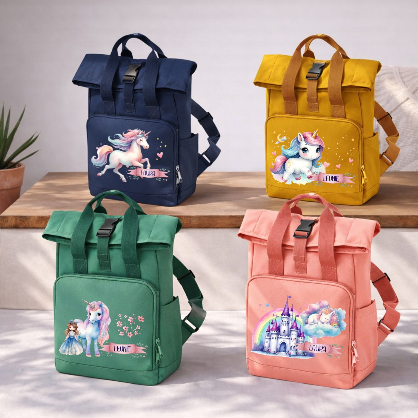 Rucksack mit Einhorn Motiven für Kinder mit Namen