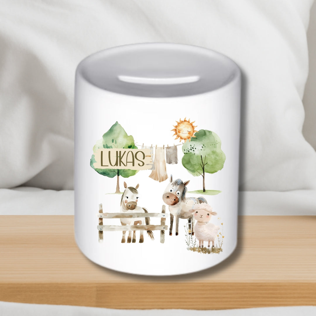 Spardose Traktor Bauernhof – Personalisiert mit Namen