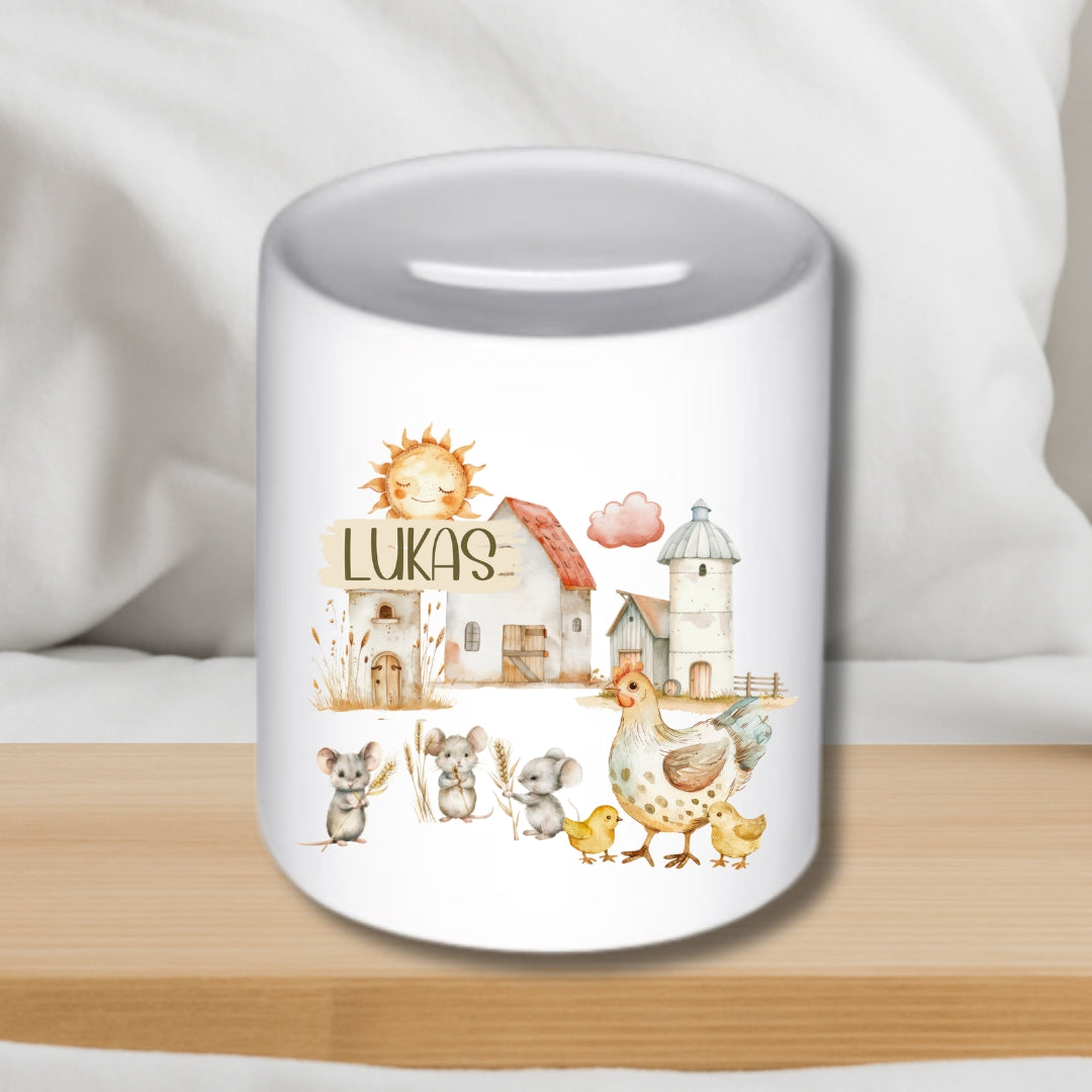 Spardose Traktor Bauernhof – Personalisiert mit Namen