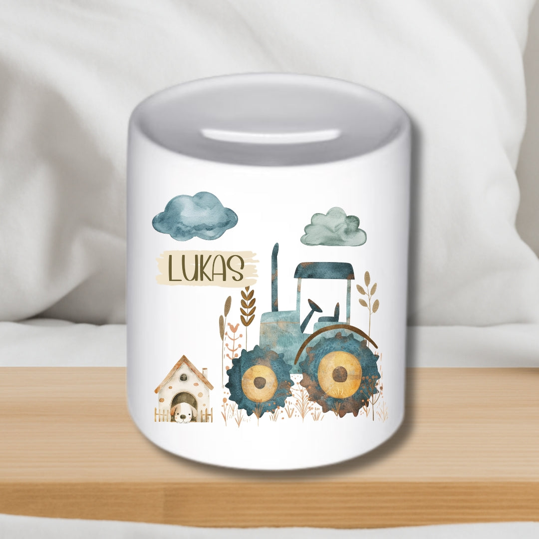 Spardose Traktor Bauernhof – Personalisiert mit Namen