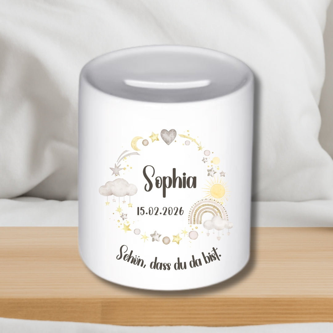 Spardose mit Namen und Geburtsdatum – Personalisiertes Geschenk zur Geburt oder Taufe