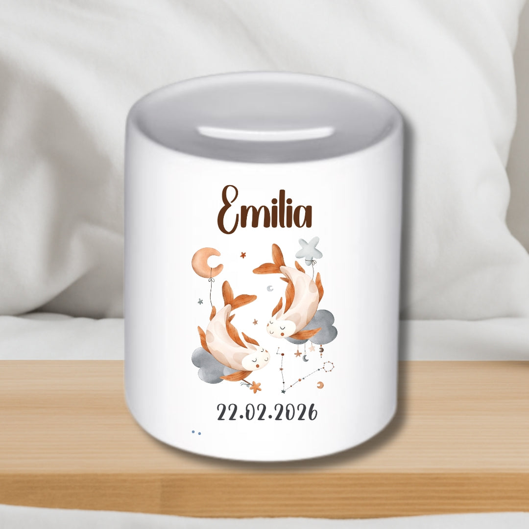 Spardose Sternzeichen mit Namen und Geburtsdatum – Personalisiertes Geschenk zur Geburt oder Taufe