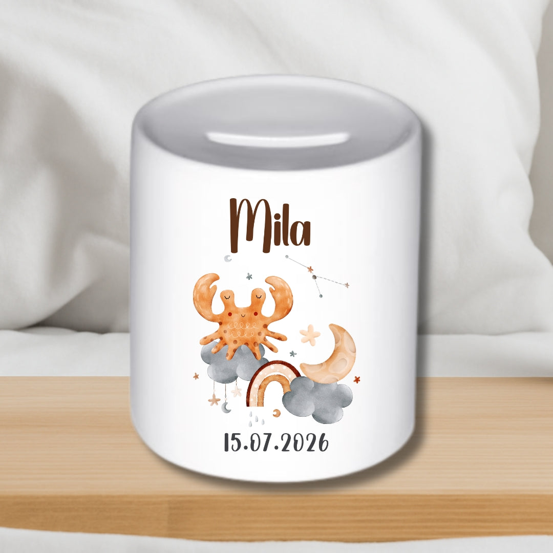 Spardose Sternzeichen mit Namen und Geburtsdatum – Personalisiertes Geschenk zur Geburt oder Taufe