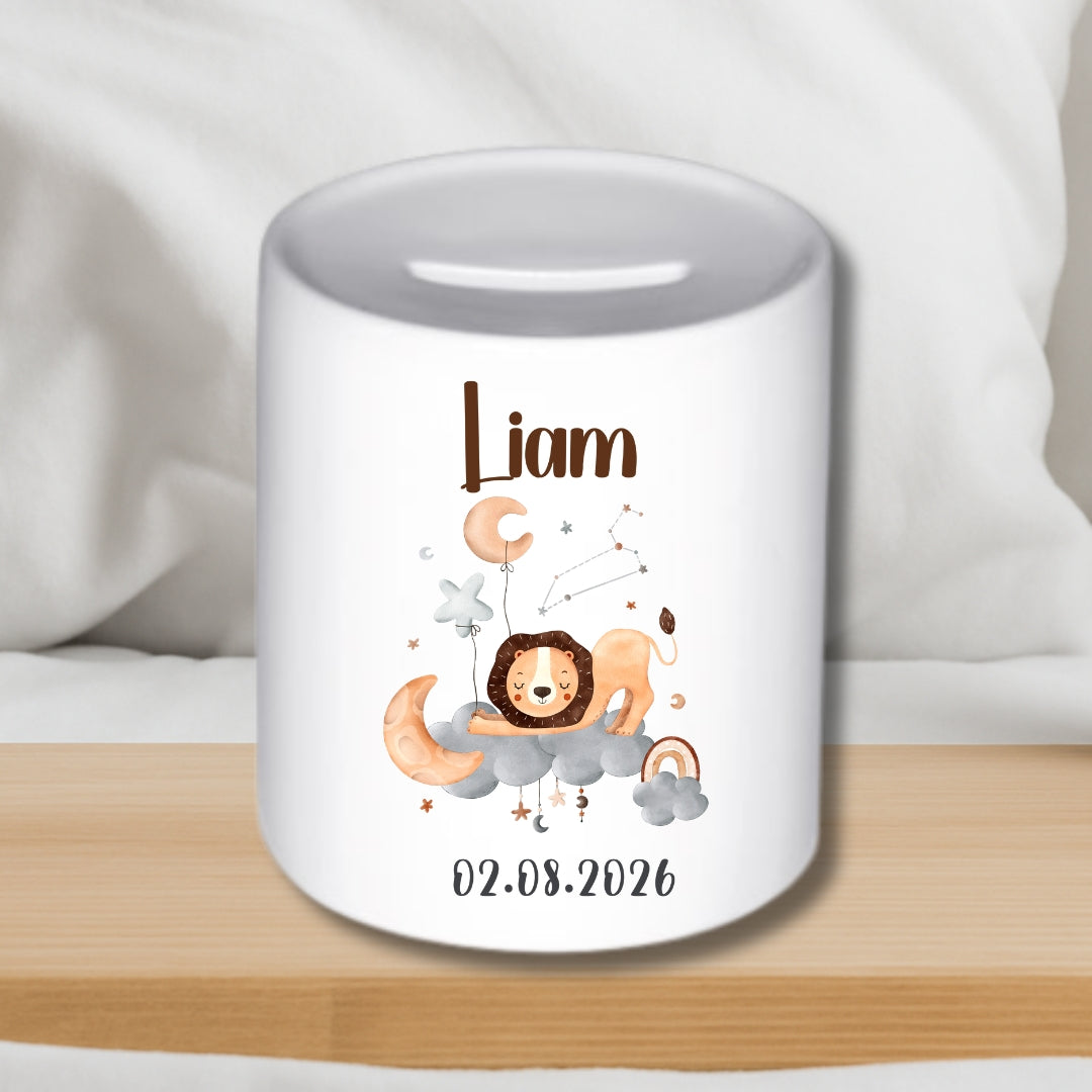 Spardose Sternzeichen mit Namen und Geburtsdatum – Personalisiertes Geschenk zur Geburt oder Taufe