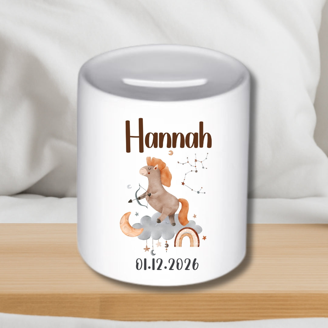 Spardose Sternzeichen mit Namen und Geburtsdatum – Personalisiertes Geschenk zur Geburt oder Taufe