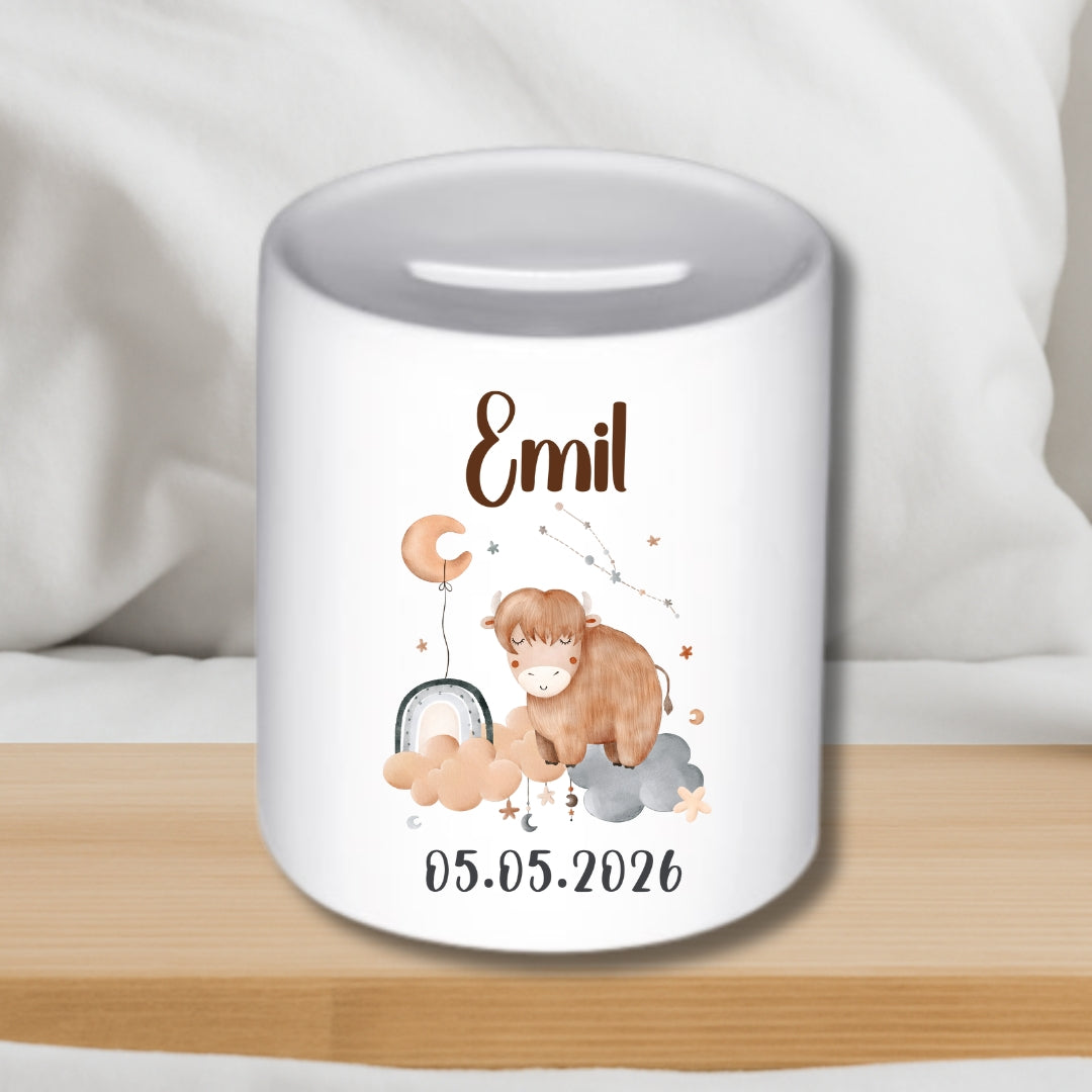 Spardose Sternzeichen mit Namen und Geburtsdatum – Personalisiertes Geschenk zur Geburt oder Taufe