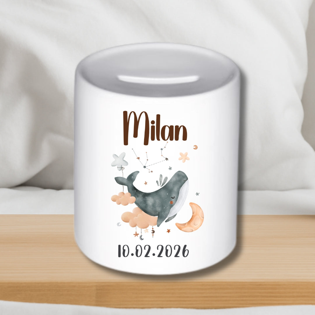 Spardose Sternzeichen mit Namen und Geburtsdatum – Personalisiertes Geschenk zur Geburt oder Taufe