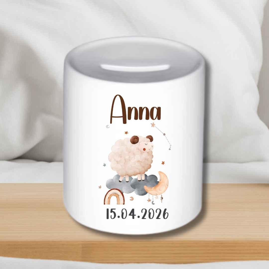 Spardose Sternzeichen mit Namen und Geburtsdatum – Personalisiertes Geschenk zur Geburt oder Taufe