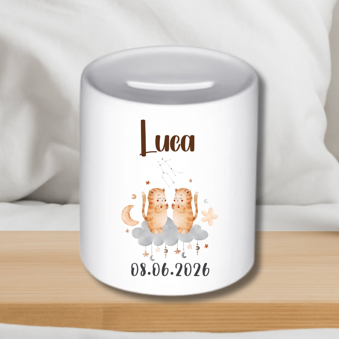 Spardose Sternzeichen mit Namen und Geburtsdatum – Personalisiertes Geschenk zur Geburt oder Taufe