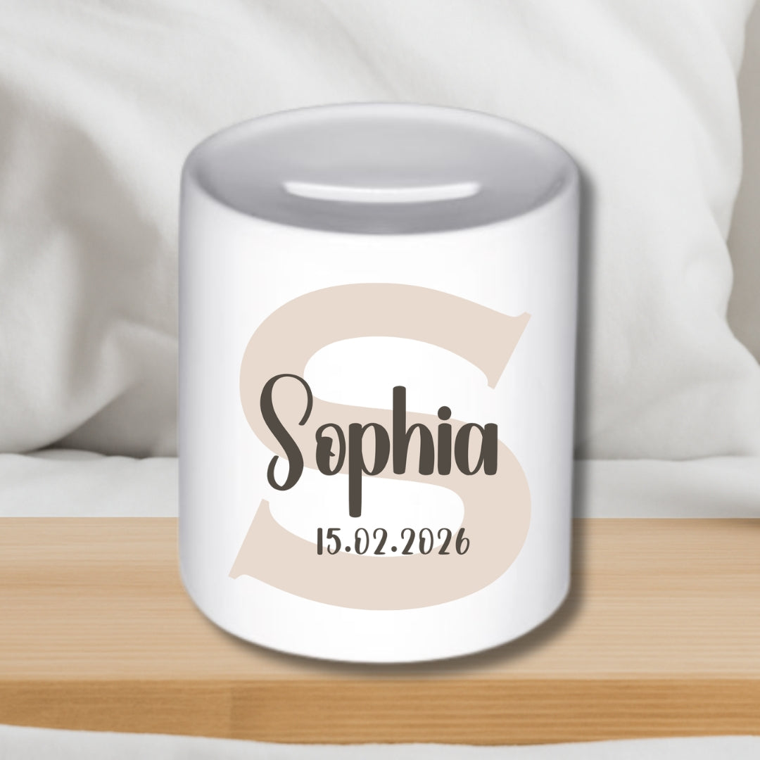 Spardose mit Namen und Geburtsdatum – Personalisiertes Geschenk zur Geburt oder Taufe