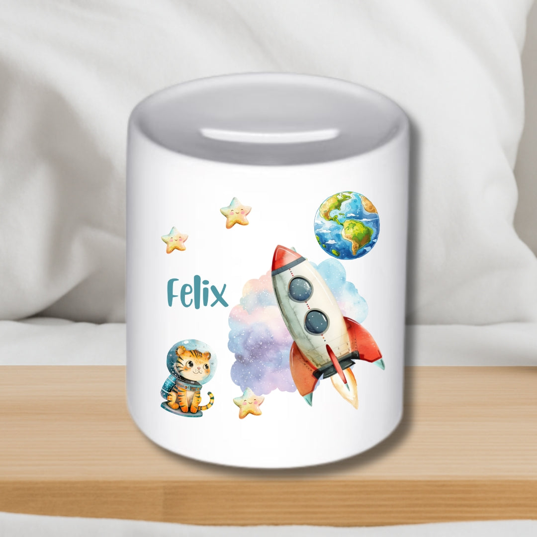 Weltall – Astronaut & Rakete – Personalisierte Keramik-Spardose für Kinder